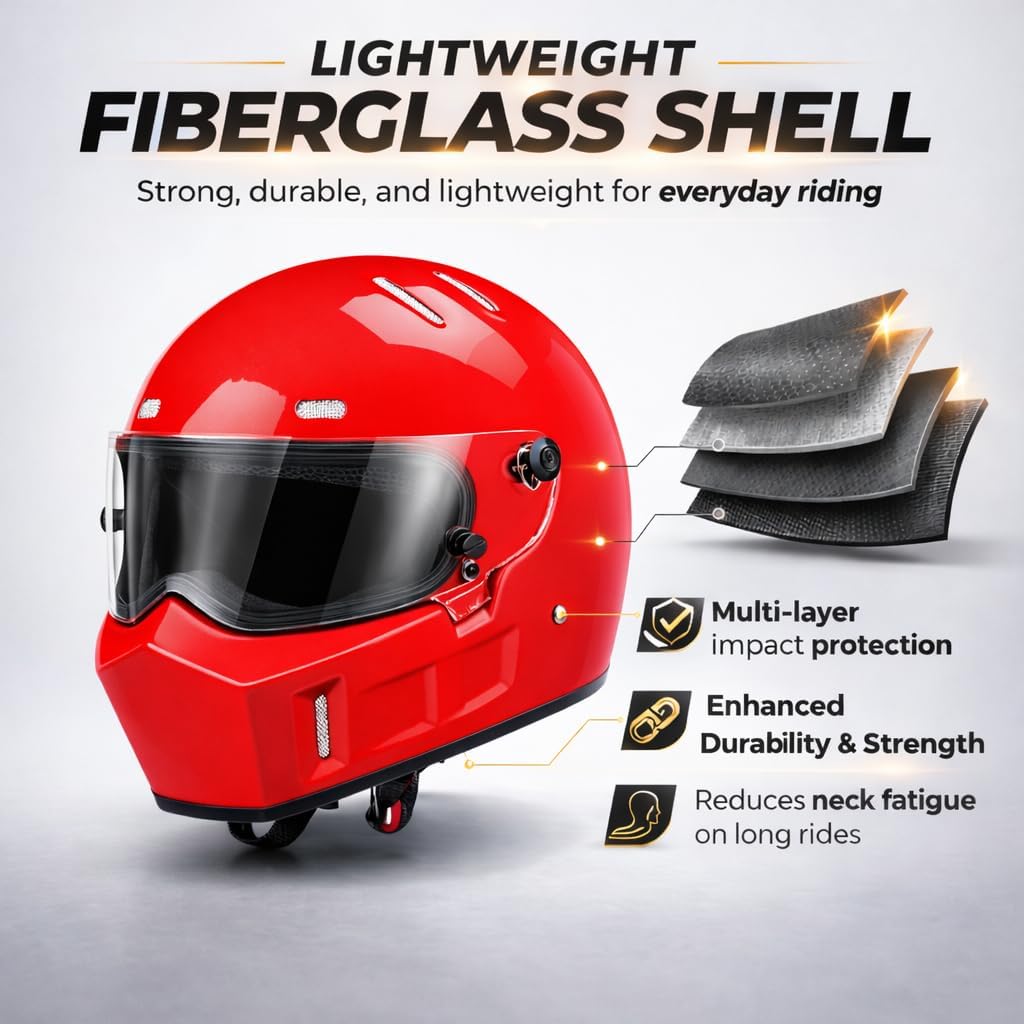 CRG Sports Retro Full Face Motorcycle Helmet, DOT Approved Fiberglass Street Bike Helmet with Clear Visor, Lightweight Cafe Racer Cruiser Motorcycle Helmet