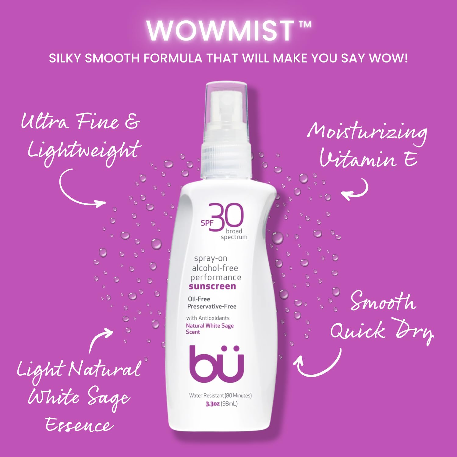BU SPF 30 Sunscreen Spray for Face and Body, Non Aerosol Spray, Ultrafine WOWmist, TSA Travel Size Sunscreen, Clear, Non Greasy, Water Resistant, White Sage 3.3 oz