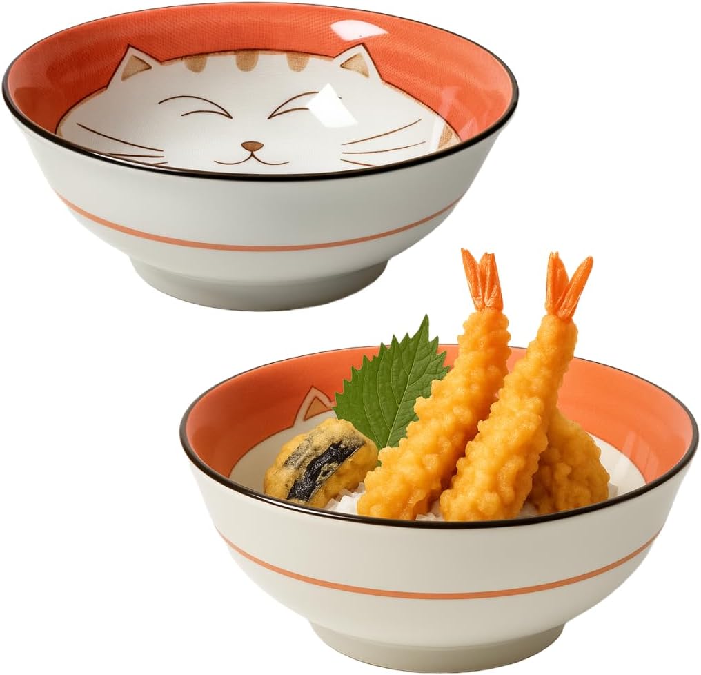JapanBargain Set of 2 Japanese Porcelain Bowls, Large 7.5 Inch Ramen Udon Noodle Rice Soup Pho Poke Cereal Bowl, Maneki Neko Smiling Lucky Cat Pattern