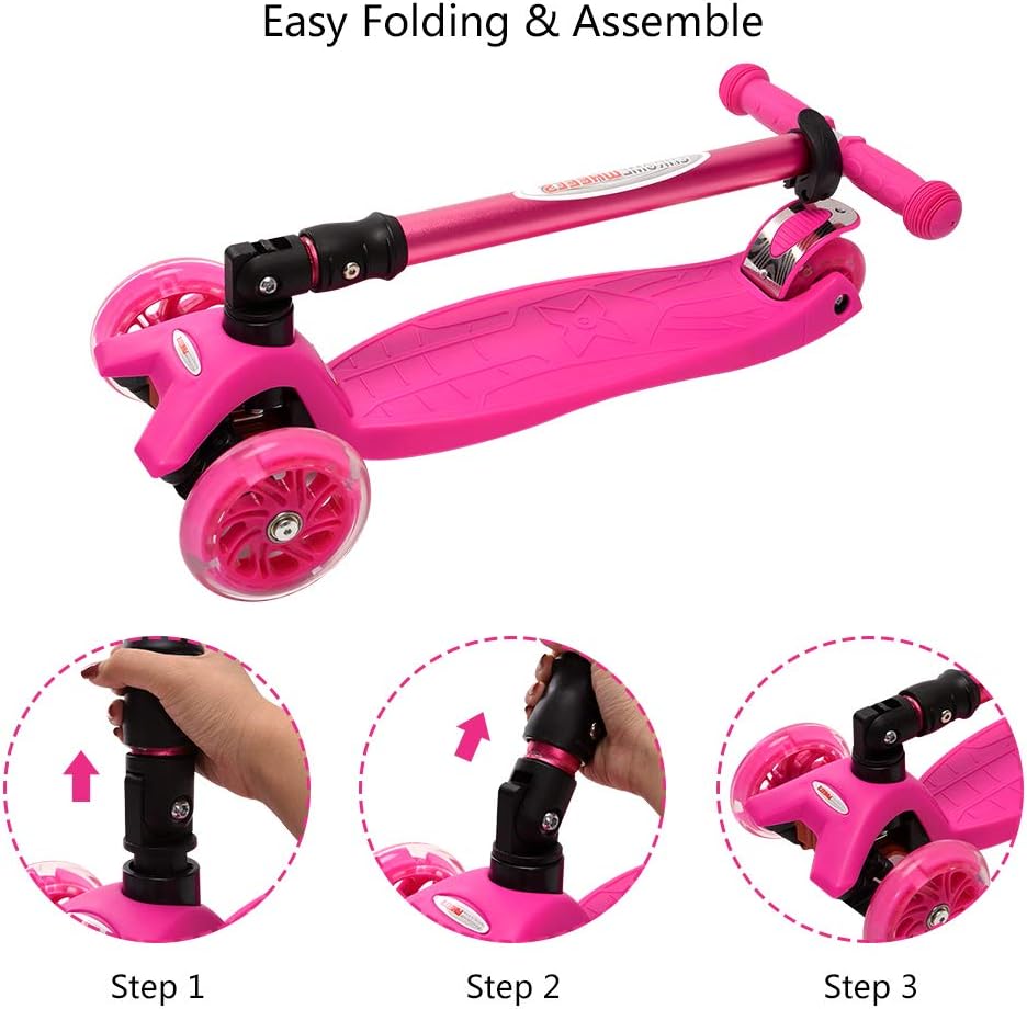 ChromeWheels Foldable Scooters for Kids, Deluxe Kick Scooter 4 Adjustable Height 132lbs Weight Limit 3 Wheel, Lean to Steer LED Light Up Wheels