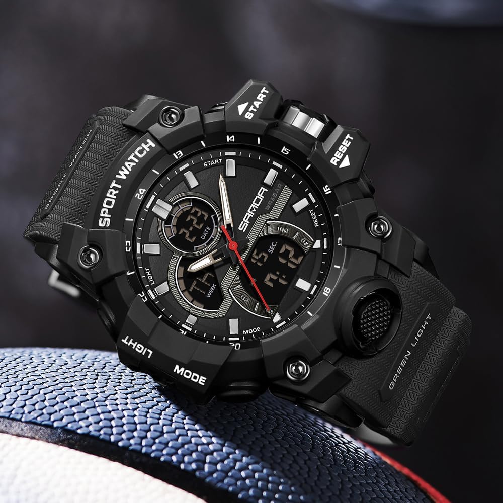 FANMIS Men Sports Outdoor Watch Analog Digital Multifunctional Black Watch | Black Sports Watch Casual Quartz Wristwatch Waterproof Military Wrist Watch Tactics LED Alarm Stopwatch Digital Watch for Men