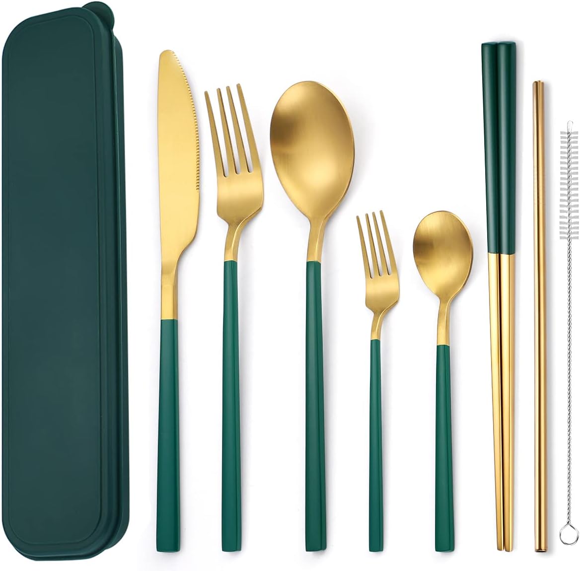 AARAINBOW 6 Pieces 18/8 Stainless Steel Flatware Set Portable Reusable Cutlery Set Travel Utensils Set Including Chopsticks Knife Fork Spoon Straws