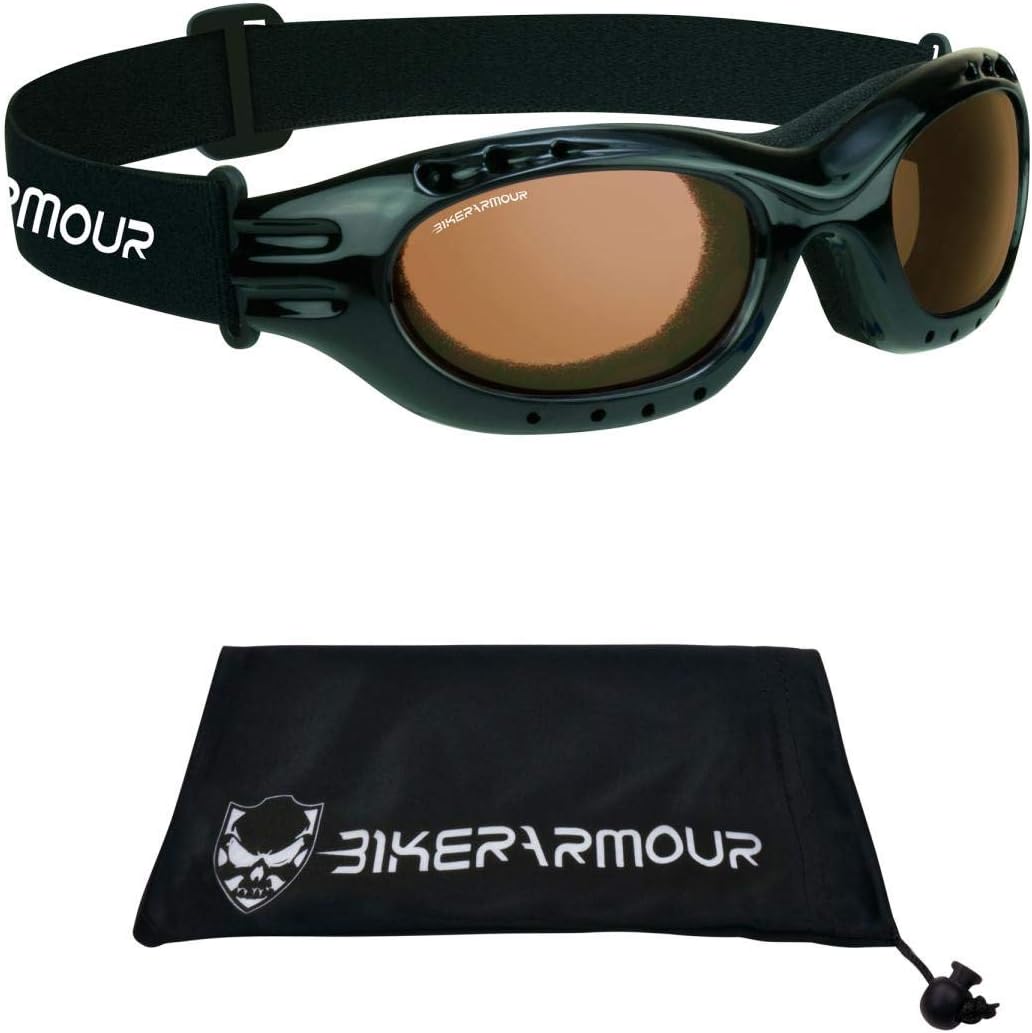 Bikershades Motorcycle Safety Riding Goggles Men Women. Polarized Lens, Smoke, Mirrored Blue or Orange, Clear Yellow Lenses