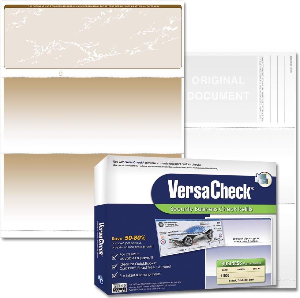VersaCheck Secure Checks - 250 Blank Business Voucher Checks - Tan Prestige - 250 Sheets Form #1000 - Check on Top
