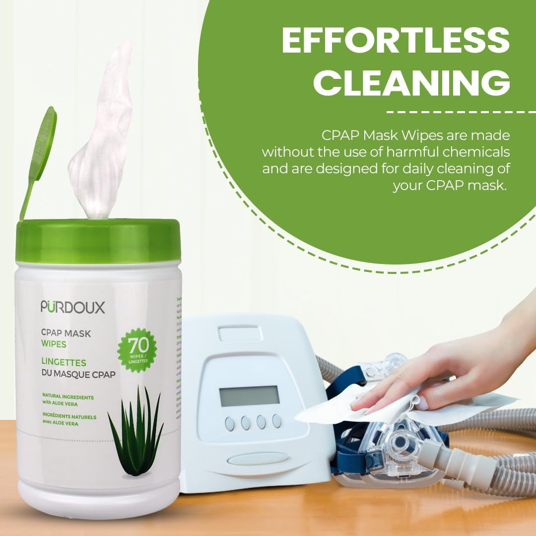 PURDOUX 100% Cotton CPAP Mask Wipes Canister Unscented with Aloe Vera (70 wipes) - CPAP Supplies, CPAP Accessories, CPAP Cleaning Supplies for CPAP Machine | Aloe Vera Infused, Alcohol Free, Silicone Safe, Removes Dirt & Facial Oils, Gentle Cleaning, CPA…