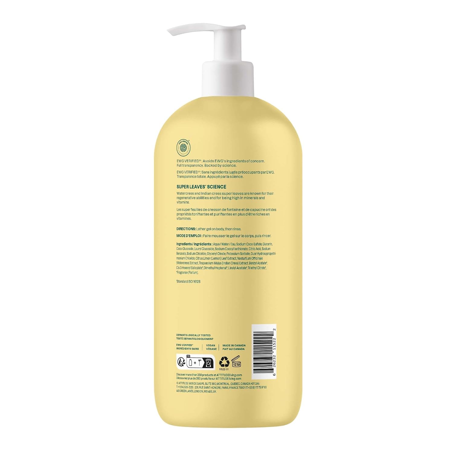 ATTITUDE Body Wash, EWG Verified Shower Gel, Dermatologically Tested, Plant and Mineral-Based, Vegan Personal Care Products, Earl Grey & Fresh Cucumber, 16 Fl Oz