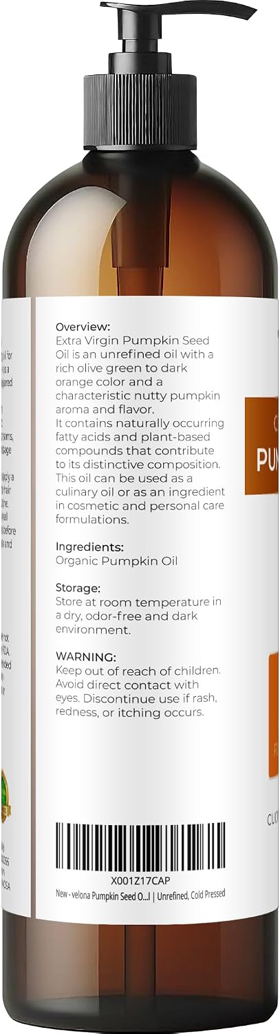 velona USDA Organic Pumpkin Seed Oil - 8 fl oz, Cold Pressed, with Pump