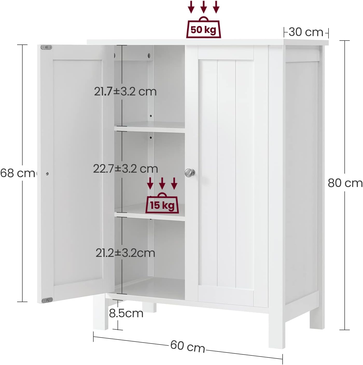 VASAGLE Floor Storage Cabinet, Freestanding Storage Unit with 2 Adjustable Shelves, for Bathroom Living Room Dining Kitchen, 11.8 x 23.6 x 31.5 Inches, Cloud White UBCB60WV1