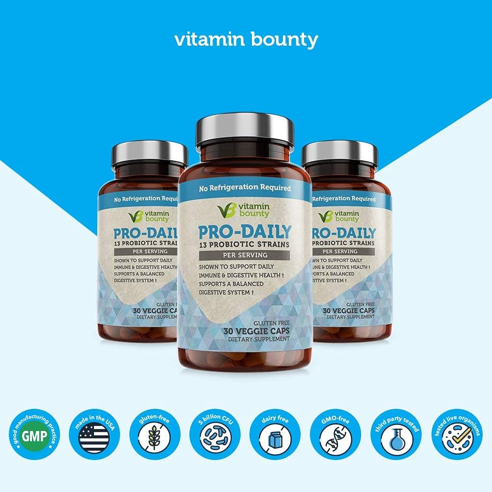Vitamin Bounty Pro-Daily Probiotic 5 Billion CFU - 13 Strains with Lactobacillus Acidophilus & Bifidobacterium for Digestive Health - Probiotics for