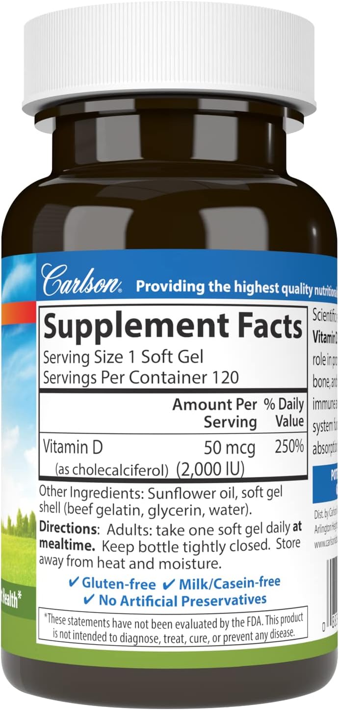 Carlson Vitamin D3, 2000 IU (50 mcg), Bone Health, 360 Softgels | Muscle Health; Cholecalciferol; Vitamin D Supplements; Vitamin D3 Soft Gels