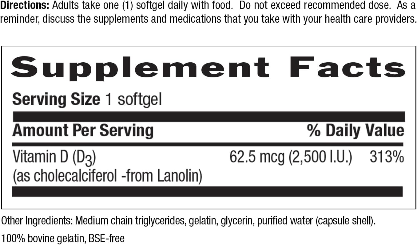 Country Life Vitamin D3 2500 IU, Non-Fish Source, 200 Softgels | Supports calcium absorption and helps maintain healthy bones
