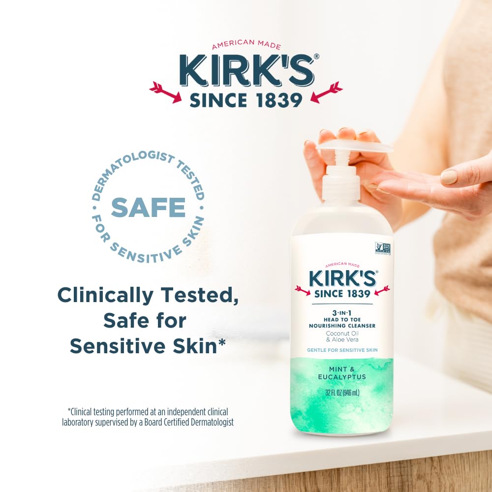 Kirk's Juniper & Lime​ 3-in-1 Nourishing Cleanser, Shampoo Body Wash Bubble Bath, Coconut Oil and Aloe Vera, Vegan Non-GMO, 32 Fl Oz