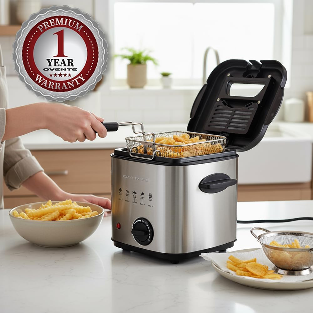 OVENTE Electric Deep Fryer, 0.9L Capacity, 840W, Silver FDM1091BR | Adjustable Temperature Knob, Locking Lid, Removable Frying Basket and Cool Touch Handle, Easy to Clean Stainless Steel Body