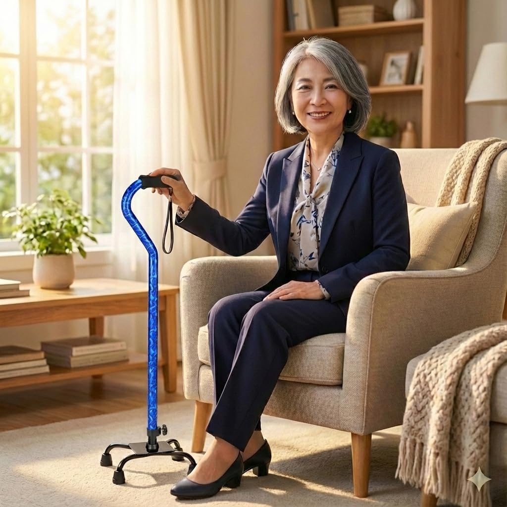 NOVA Designer Quad Cane, Lightweight Four Legged Cane with Soft Grip Handle, Height (for Users 4’11” - 6’4”) & Left or Right Adjustable, Butterflies Design