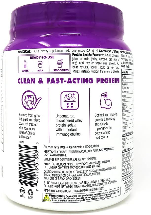 Bluebonnet Nutrition Whey Protein Isolate Powder, Whey from Grass Fed Cows, 26 Grams of Protein, No Sugar Added, Gluten Free, Soy Free, Kosher Dairy, 2.2 lbs, 32 Servings, Original Unflavored | Kosher