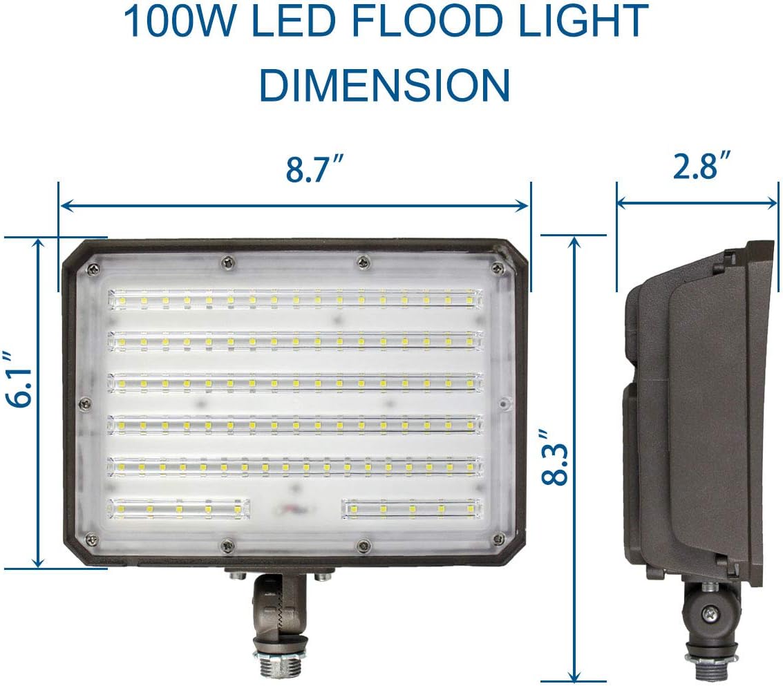 DAKASON 2 Pack 100W LED Flood Light Outdoor, Dusk-to-Dawn Photocell Adjustable Knuckle Mount, 13000LM 5000K Replaces 350W HPS/MH 100-277Vac