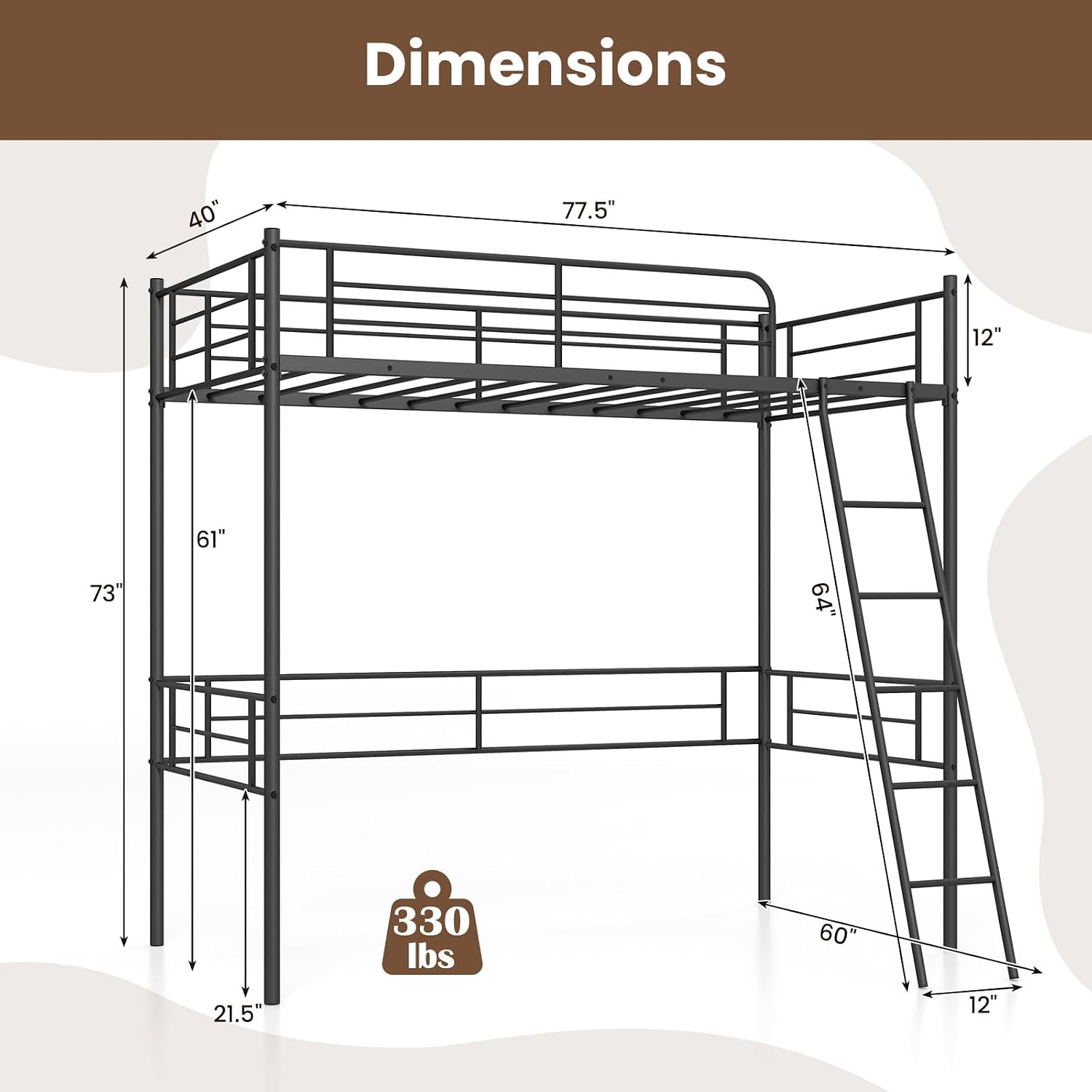 GIANTEX Twin Size Loft Bed, Metal Loft Bed Frame with Ladder & Safety Guardrail, Space-Saving with Ample Space Underneath, for Teens Junior and Adults