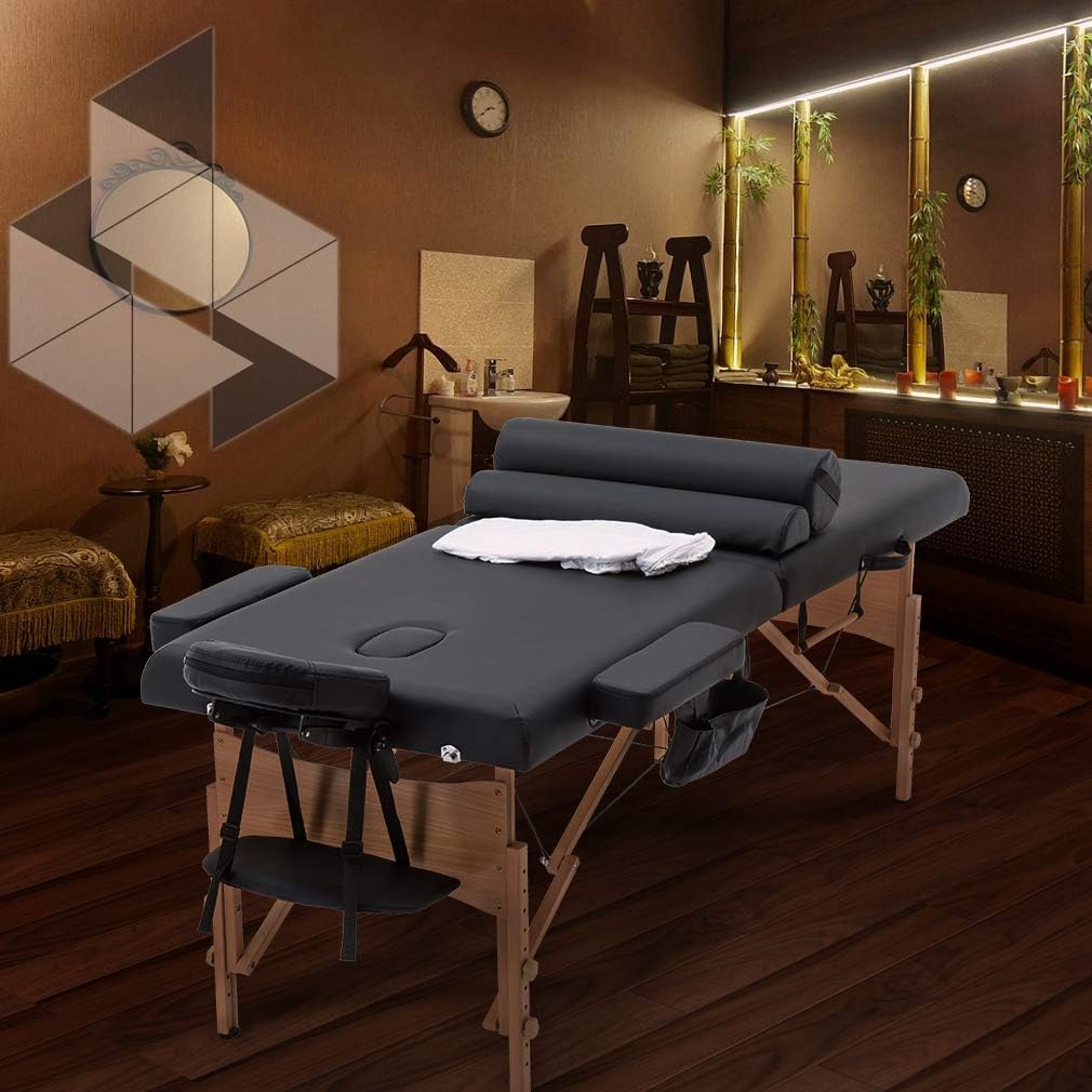 BestMassage Massage Bed Portable Massage Table 28 inch Wide Lash Bed Height Adjustable 2 Folding Spa Table with Towel Hanger Oil Pouch Half Bolster Round Bolster Non-Woven Bag