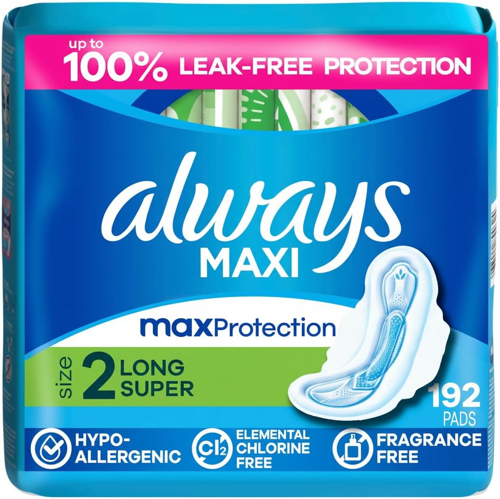 Always Maxi Feminine Pads with Wings for Women, Size 2, Long Super Absorbency, Unscented 60 Count