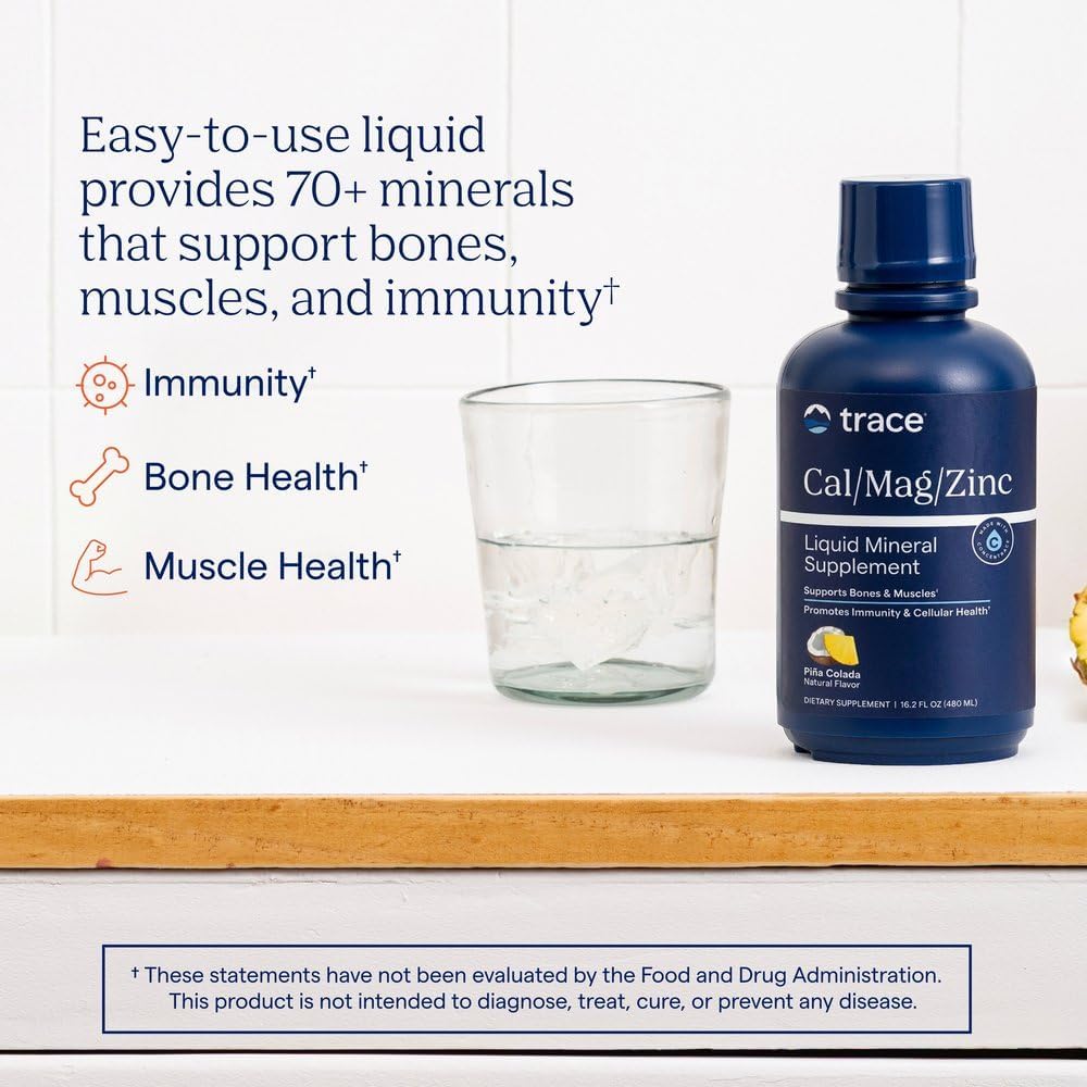 Trace Minerals Liquid Cal Mag Zinc with Vitamin D3, 16 fl oz, Pina Colada | Ionic trace minerals for absorption, Bone, muscle, and connective tissue health, 1-2 tbsp daily, Refrigerate after opening