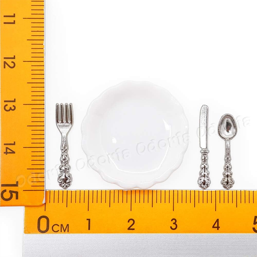 Odoria 1/12 Miniature Plates and Silverware Knife Fork Spoon Set Dollhouse Accessories, Silver