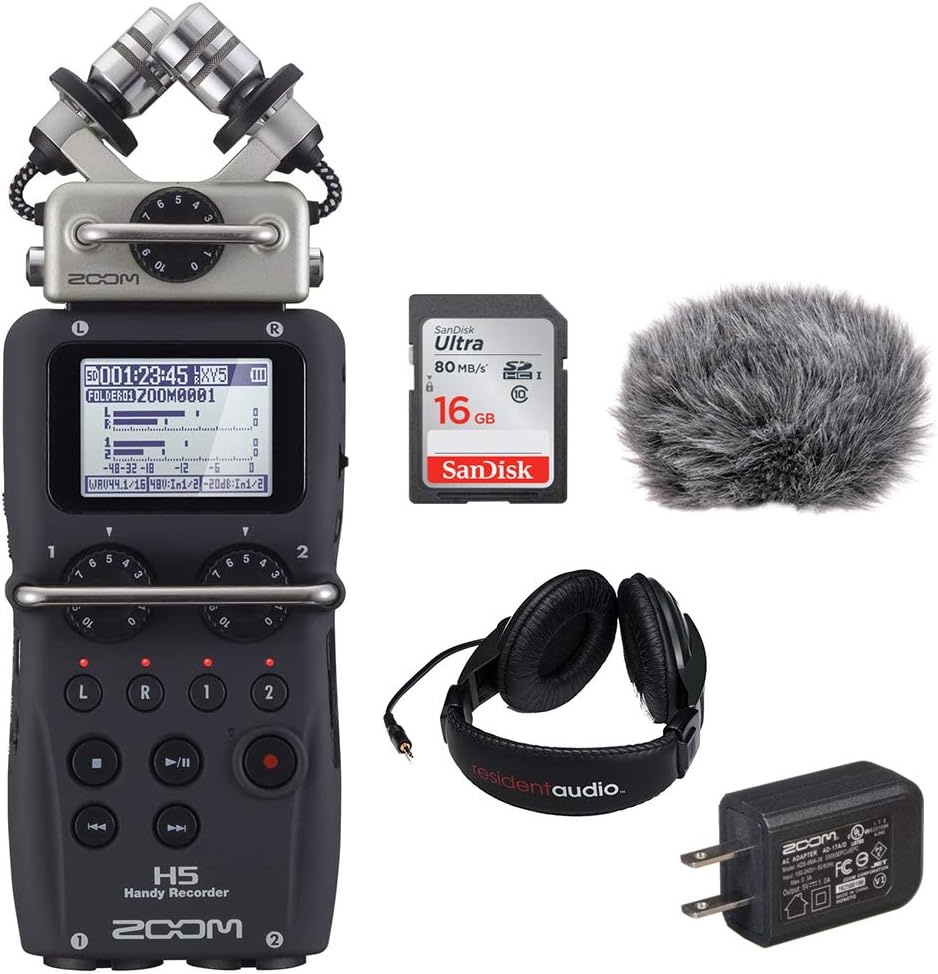 Zoom H5 Handy Recorder Kit with a Custom Windbuster, AD-17 AC Adapter, Closed-Back Stereo Headphones and a 16GB Memory Card