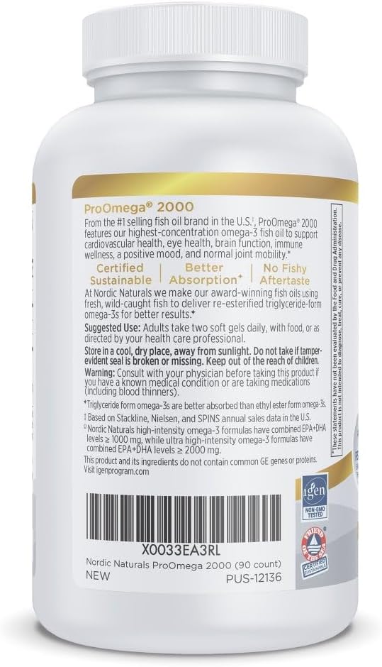 Nordic Naturals ProOmega-3, 2150 mg, EPA & DHA Fish Oil, Lemon - 120 Count | Ultra high-potency EPA & DHA fish oil supports brain, heart, eye & immune health. 2150 mg omega-3. Non-GMO. 60 servings