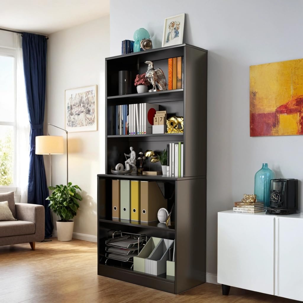 holzart 71" Tall Book Shelf, 5 Tier Large Bookshelf, Standing Wood Display Book Shelf for Living Room, Office, Library with Doors, 31.5" W x 70.87" H x 11.81" D, White