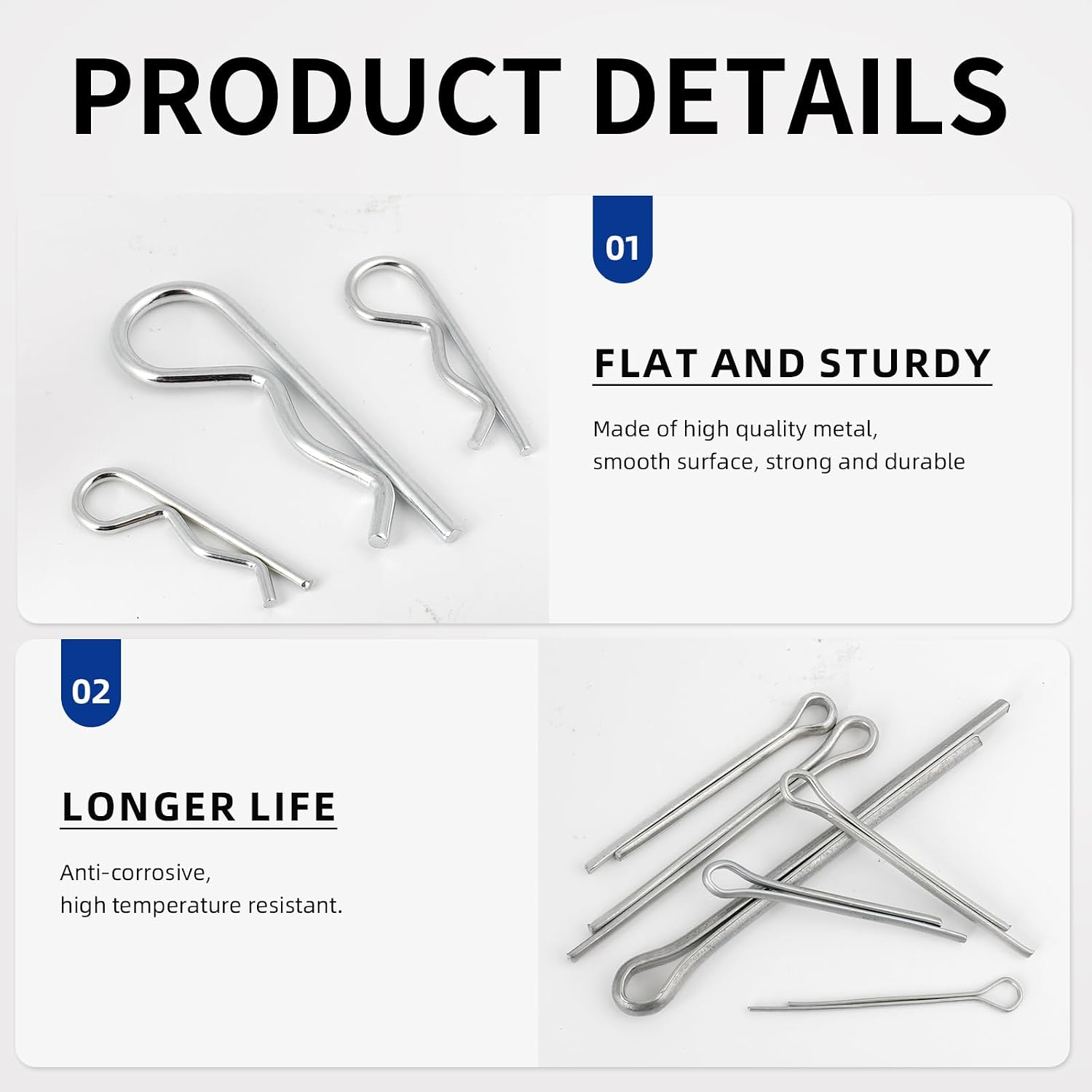 50 Pcs Cotter Pins Assortment Kit R Clips retaining pin | Heavy Duty R Clips Hardware Pins, 5 Sizes Spring Fasteners, Hitch Pin for Trailer Locking