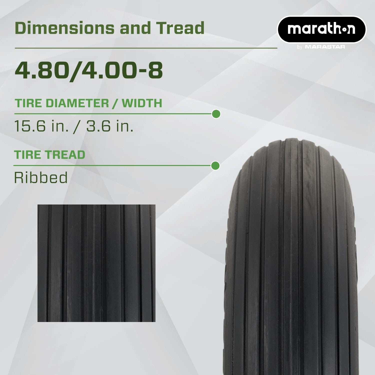 Marathon 4.80/4.00-8" Flat Free Tire on Wheel, 3" Hub, 5/8" Bearings, Ribbed Tread