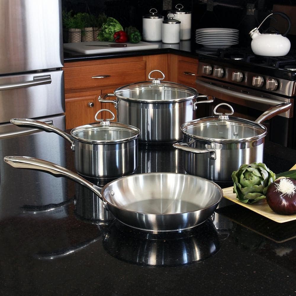 Chantal Induction 21 Steel 1 quart NonStick Saucepan with Tempered Glass Lid, Ceramic Non Stick, Brushed Stainless Steel