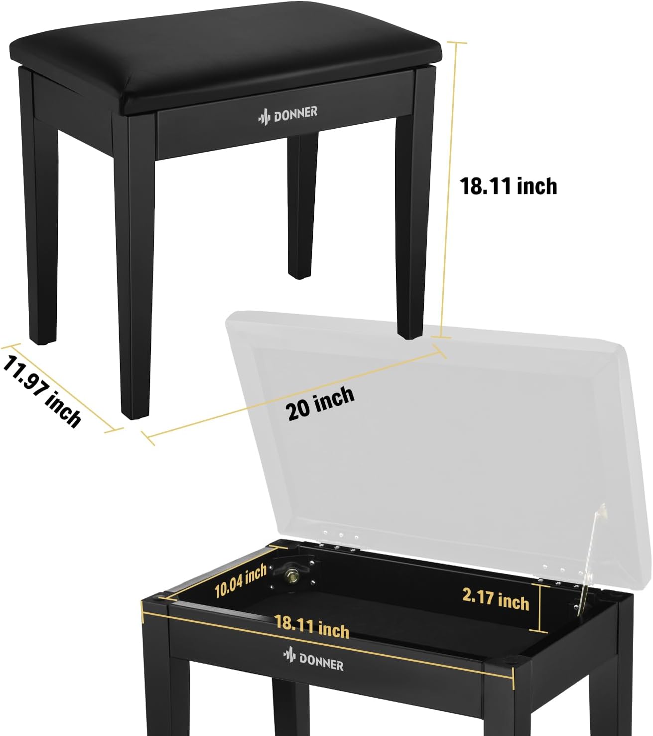 Donner Piano Bench with Storage, Solid Wood Keyboard Bench Piano Bookcase Stool Chair Seat with High-Density Sponges Pad, Black