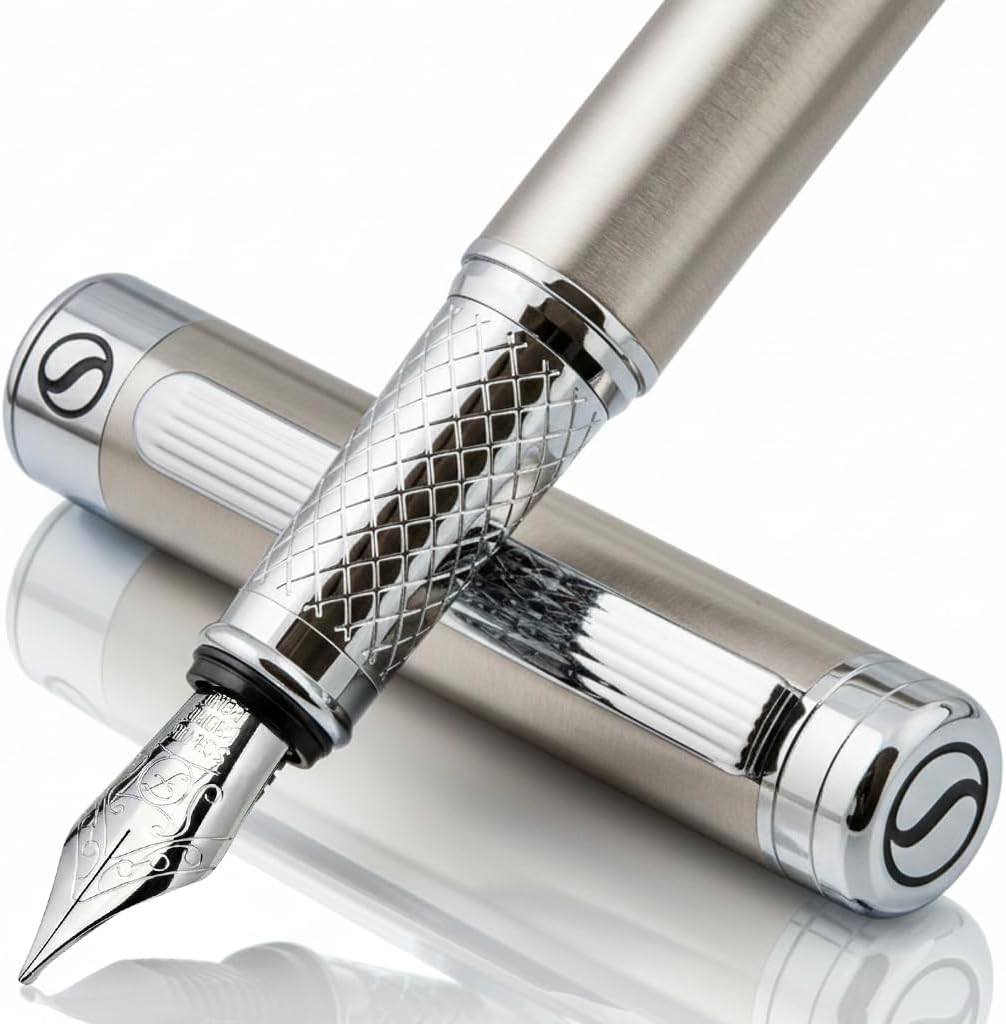 Scriveiner Silver Chrome Fountain Pen - Stunning Luxury Pen, Real Gold Finish Schmidt Gilded Nib (Medium), Best Pen Gift Set for Men & Women