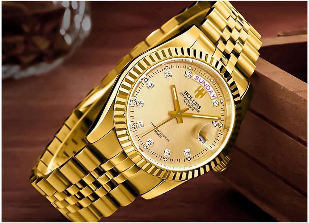 41MM Men's Gold Plated Stainless Steel Waterproof Quartz Watch Luxury Wristwatch with Date Week Display