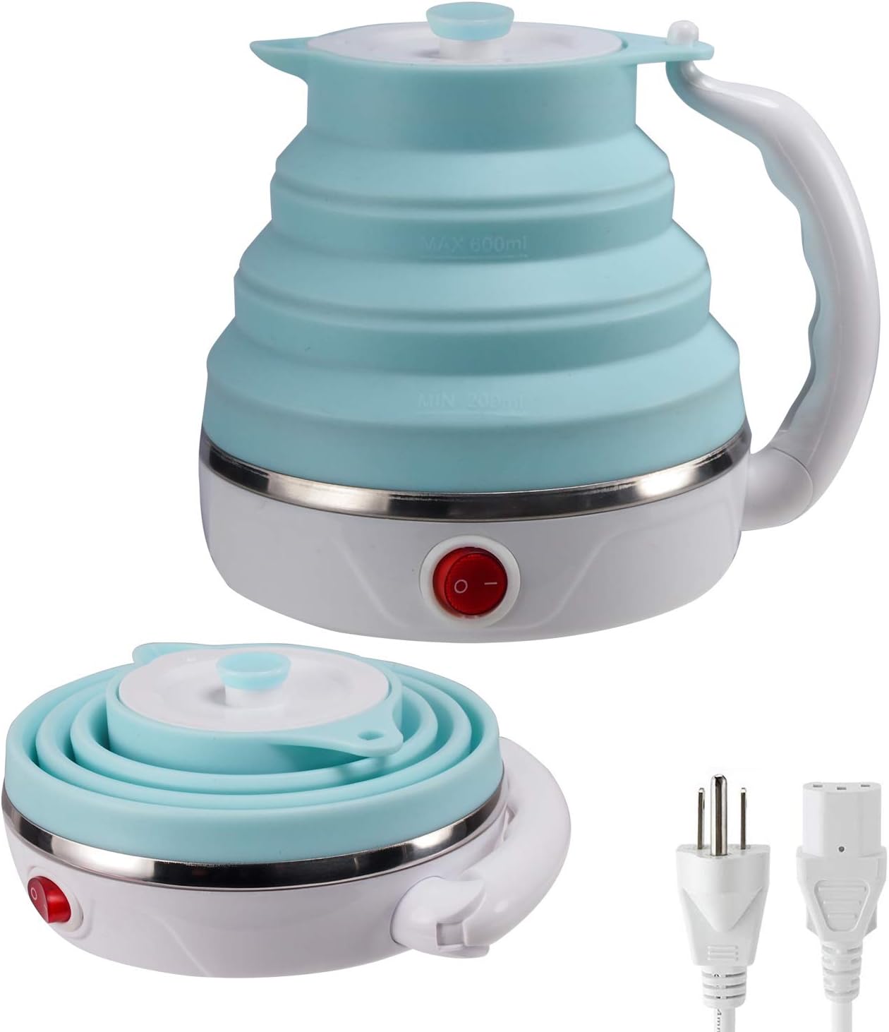 Travel Foldable Electric Kettle, Collapsible Electric Kettle Food Grade Silicone Small Pot Boiling water, Dual Voltage（600ml