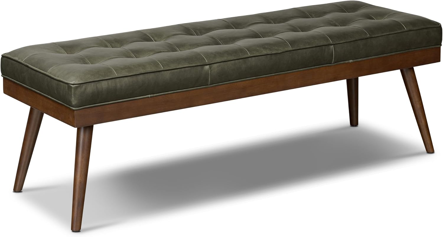 Poly & BARK 55" Tufted Leather Bed Bench for Bedroom End of Bed - Living Room Entry Way Bench - Pure Italian Leather Upholstery with a Solid Wood Frame - Ottoman Bench with Wooden Legs - Cognac Tan