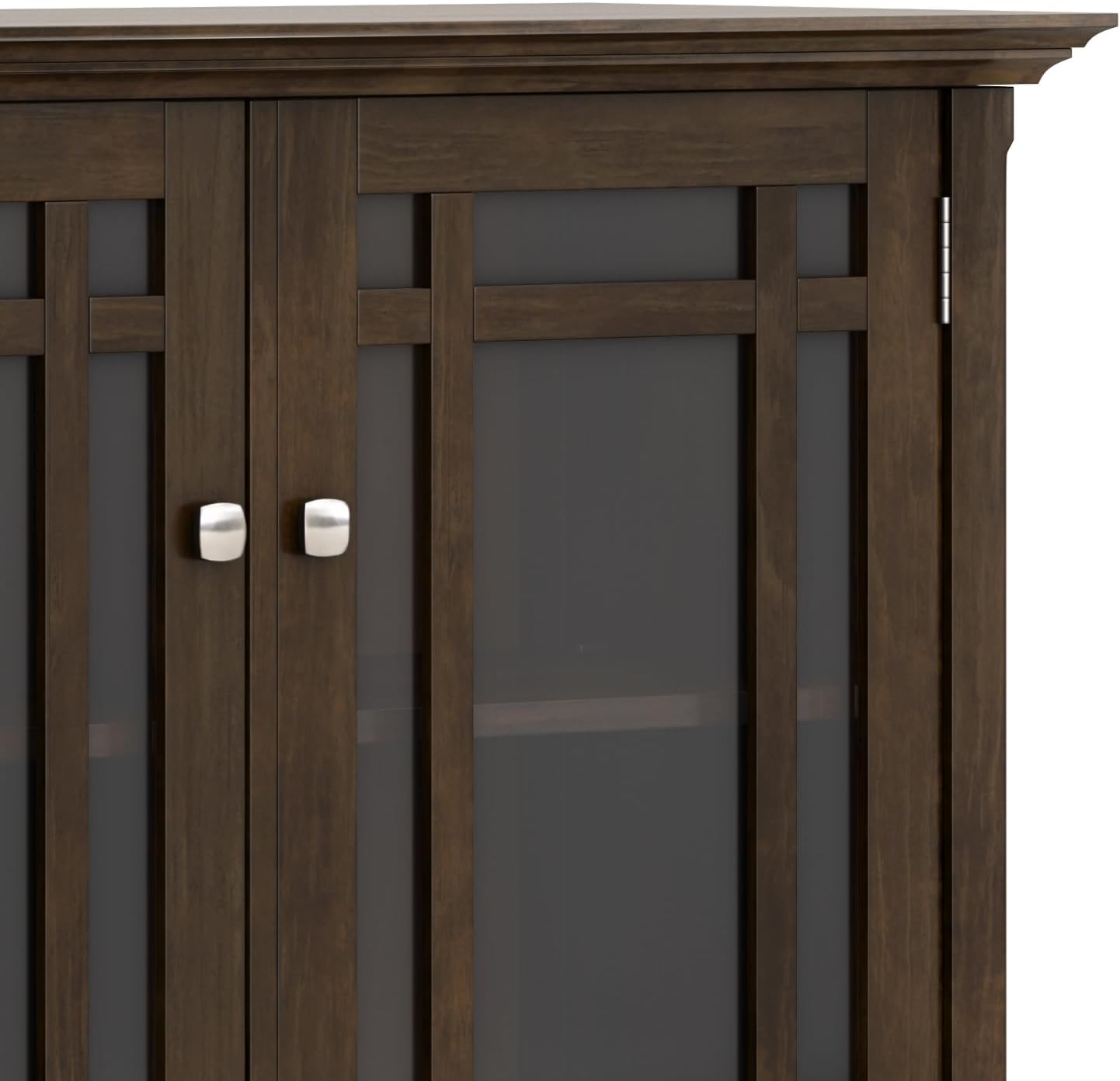 SIMPLIHOME Bedford 62" Wide Solid Wood Sideboard in Brunette Brown | Transitional low media console with glass doors and storage shelves for the living room, entryway or dining room.
