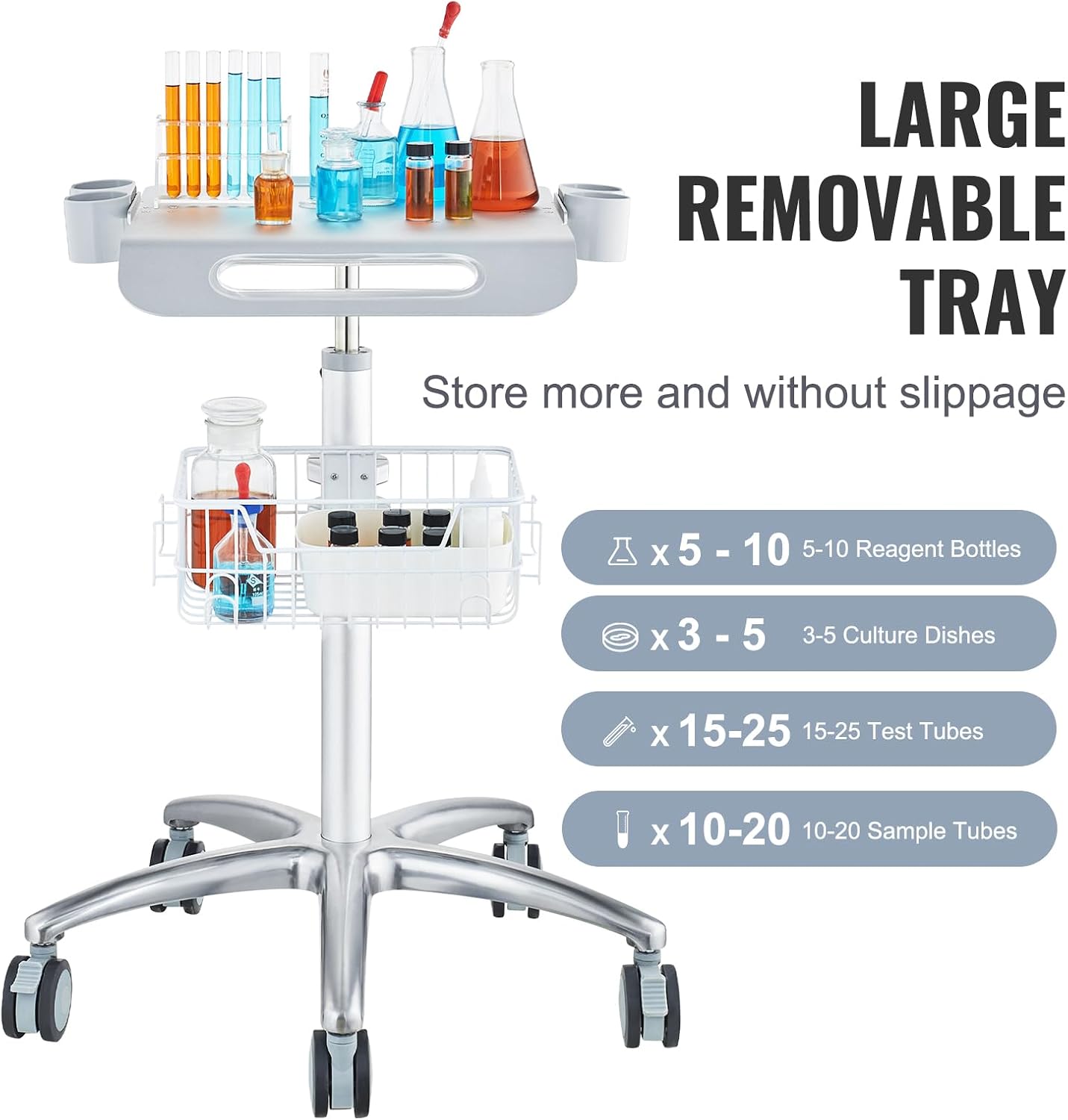 VEVOR Medical Trolley with Wheels - Height Adjustable Gas Lift, Large Tabletop 19"×17", Stainless Steel Rolling Laptop Cart with Storage Basket