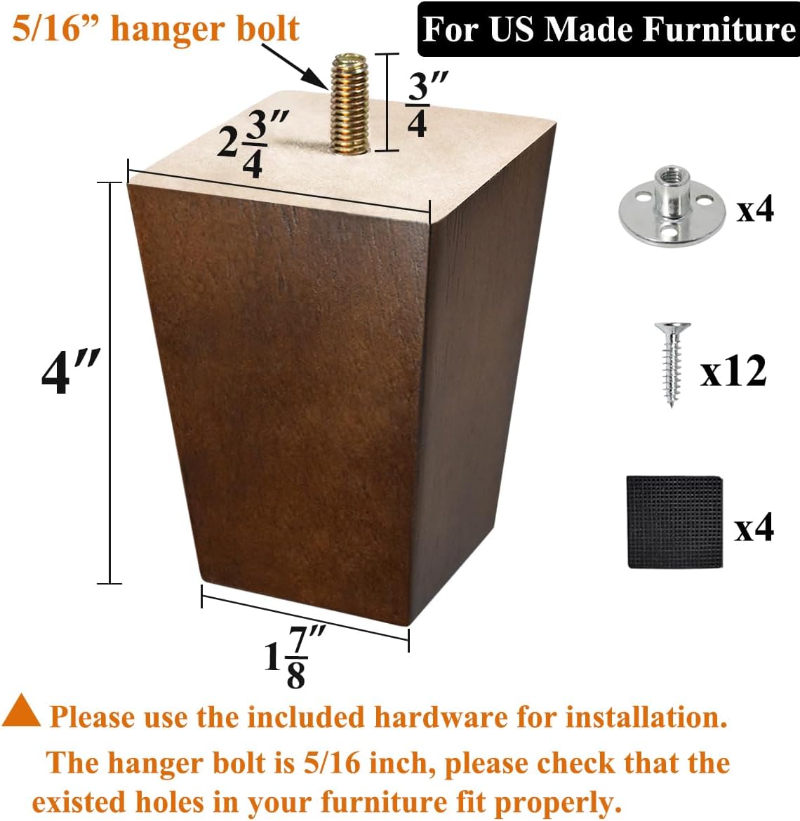Sofa Legs Square Bed Feet 2 inch Wood Replacement Leg for Furniture Set of 4, Dark Brown