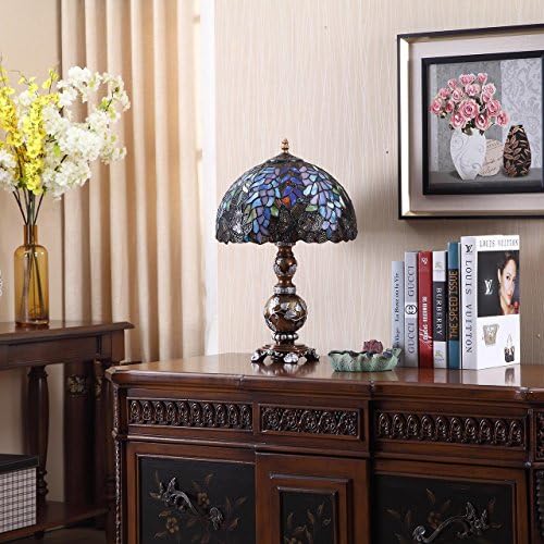 Bieye L10568 Wisteria Flowers Butterflies Tiffany Style Stained Glass Table Lamp with 12-inch Wide Lampshade, 19-inch Tall