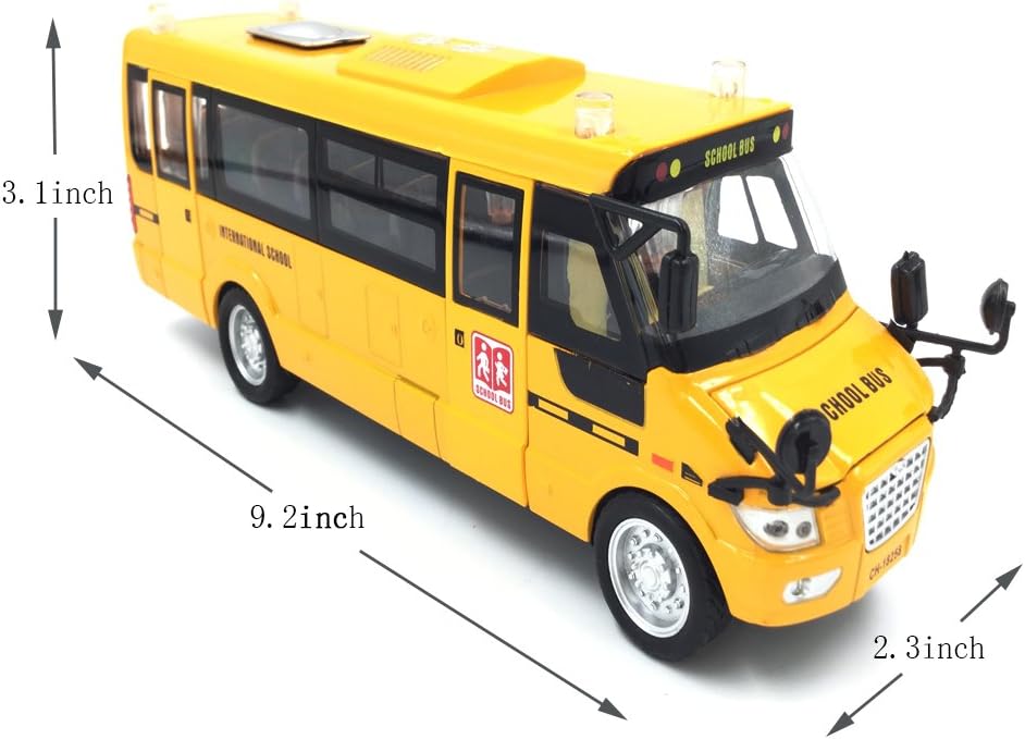 9" Pull Back Die-cast School Bus Toy | Light Up & Sounds Die-cast Metal Toy Vehicles with Bright Yellow and Openable Doors