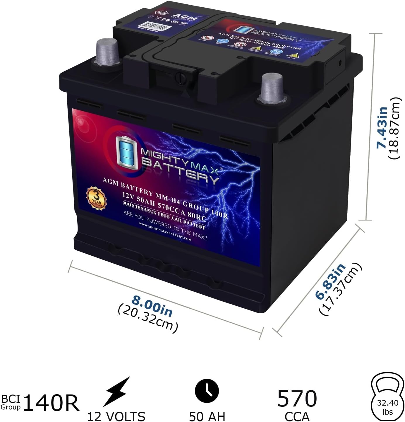 Mighty Max Battery MM-H8 Start and Stop Car BCI Group 49 12V 95Ah, 160RC, 900 CCA Rechargeable AGM Car Battery