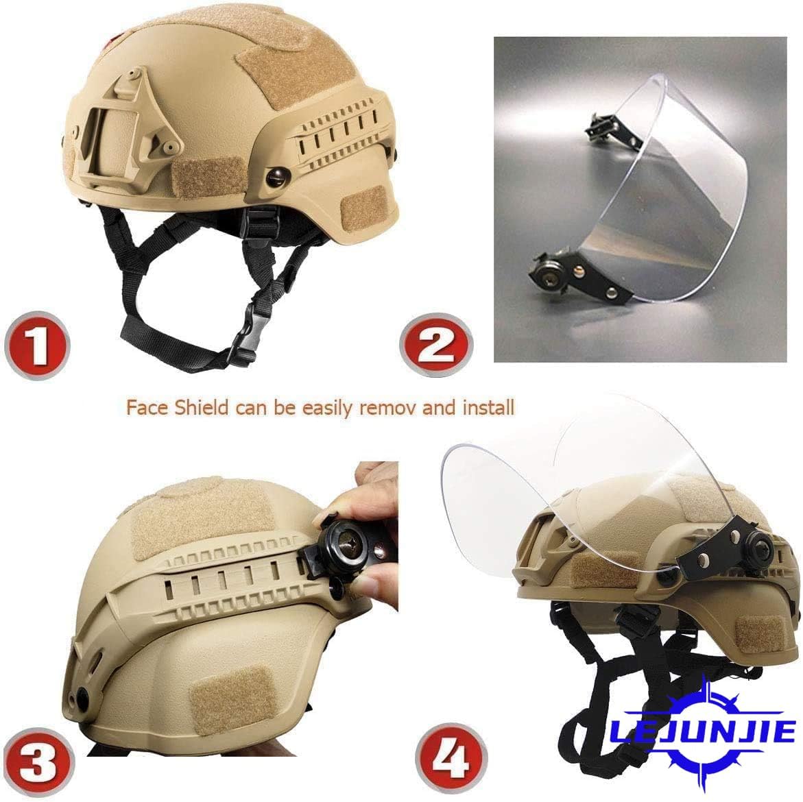 Tactical MICH 2000 Fast Helmet with Clear Riot Visor Face Shield Sliding Goggles for Airsoft Paintball CS War Games Outdoor Sports.