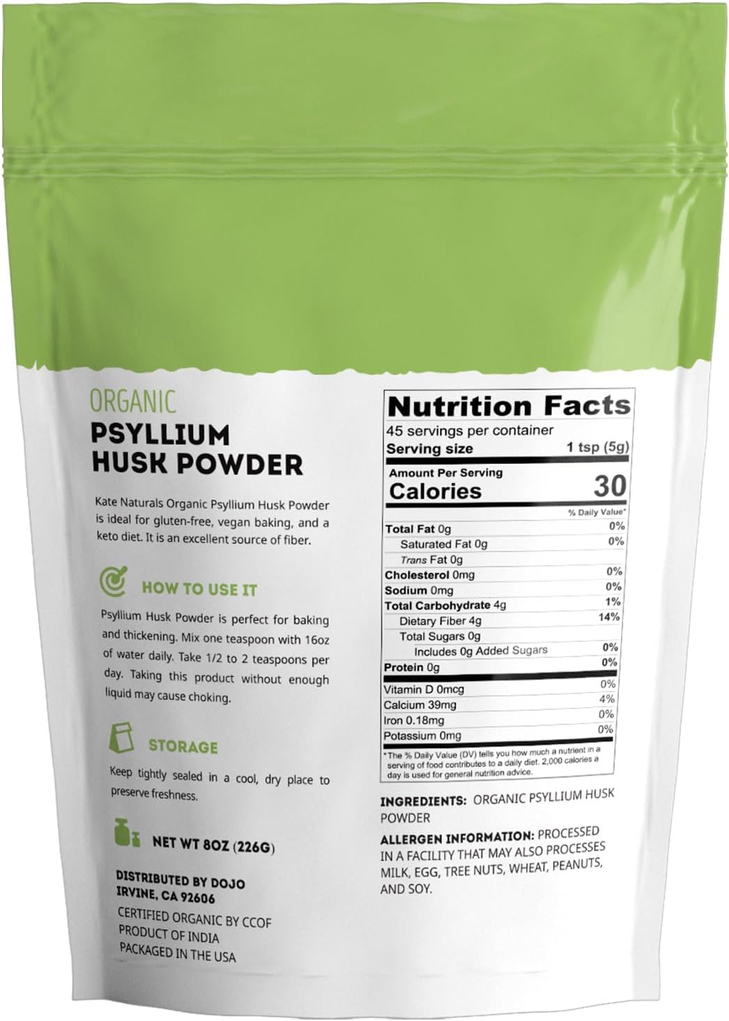 Kate Naturals Psyllium Husk Powder for Fiber and Baking Bread, 12oz | Organic, Gluten Free, Fine Ground, For Digestion, Mixes Easily with Juice & Smoothies
