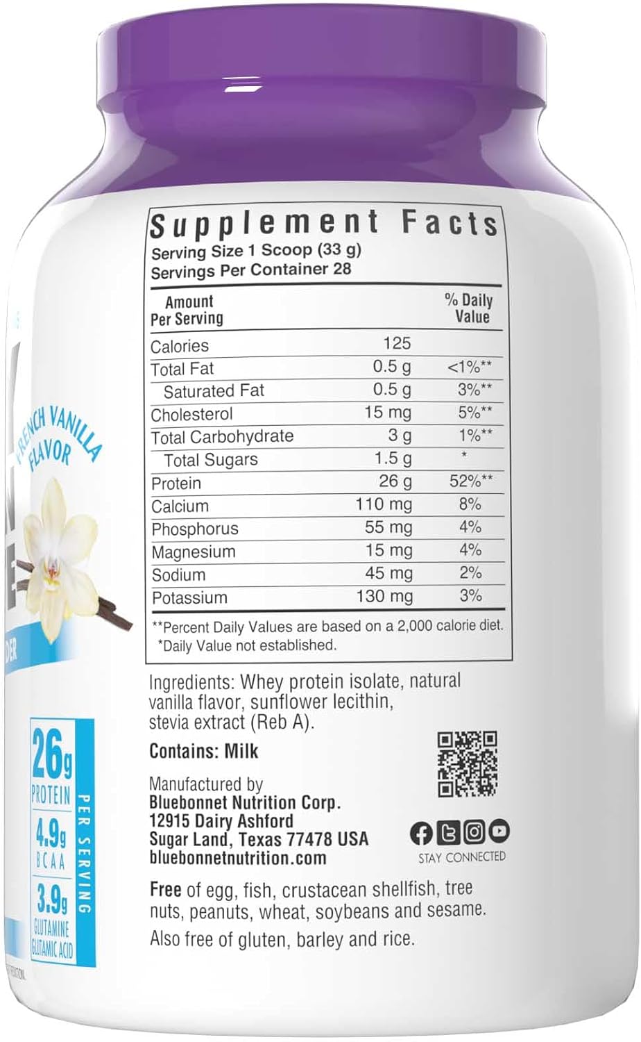Bluebonnet Nutrition Whey Protein Isolate Powder, Whey from Grass Fed Cows, 26 Grams of Protein, No Sugar Added, Gluten Free, Soy Free, Kosher Dairy, 2.2 lbs, 32 Servings, Original Unflavored | Kosher