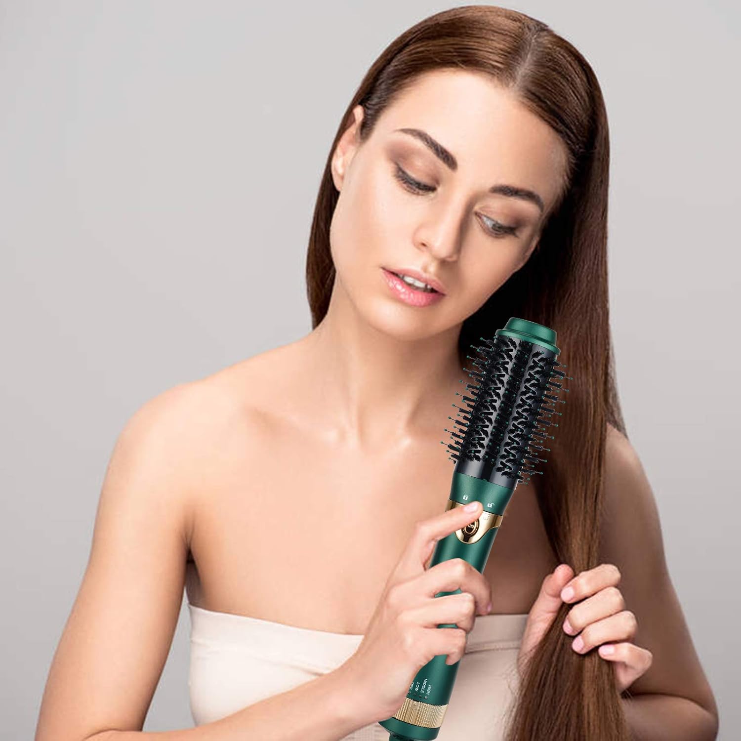 3 in 1 Hair Dryer and Volumizer, Ceramic Negative Ion Curling Dryer Styler with 3 Interchangeable Brush Heads, Green