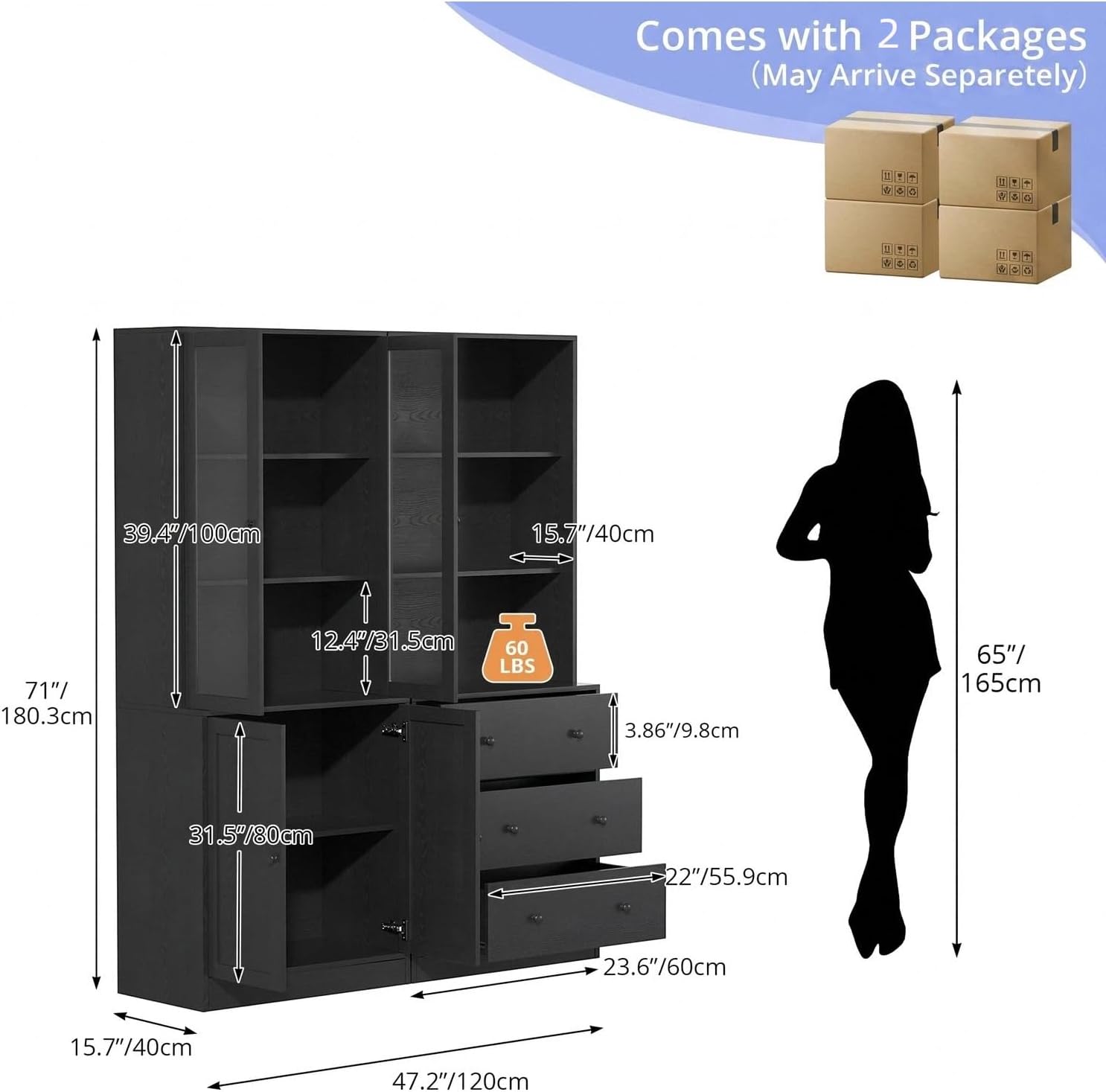 TUSY 71" H Bookcase with Storage | 6-Tier Modern Bookshelf with Drawers, Display Bookcase with Glass Doors, White Curio Cabinet for Home Office, Living Room