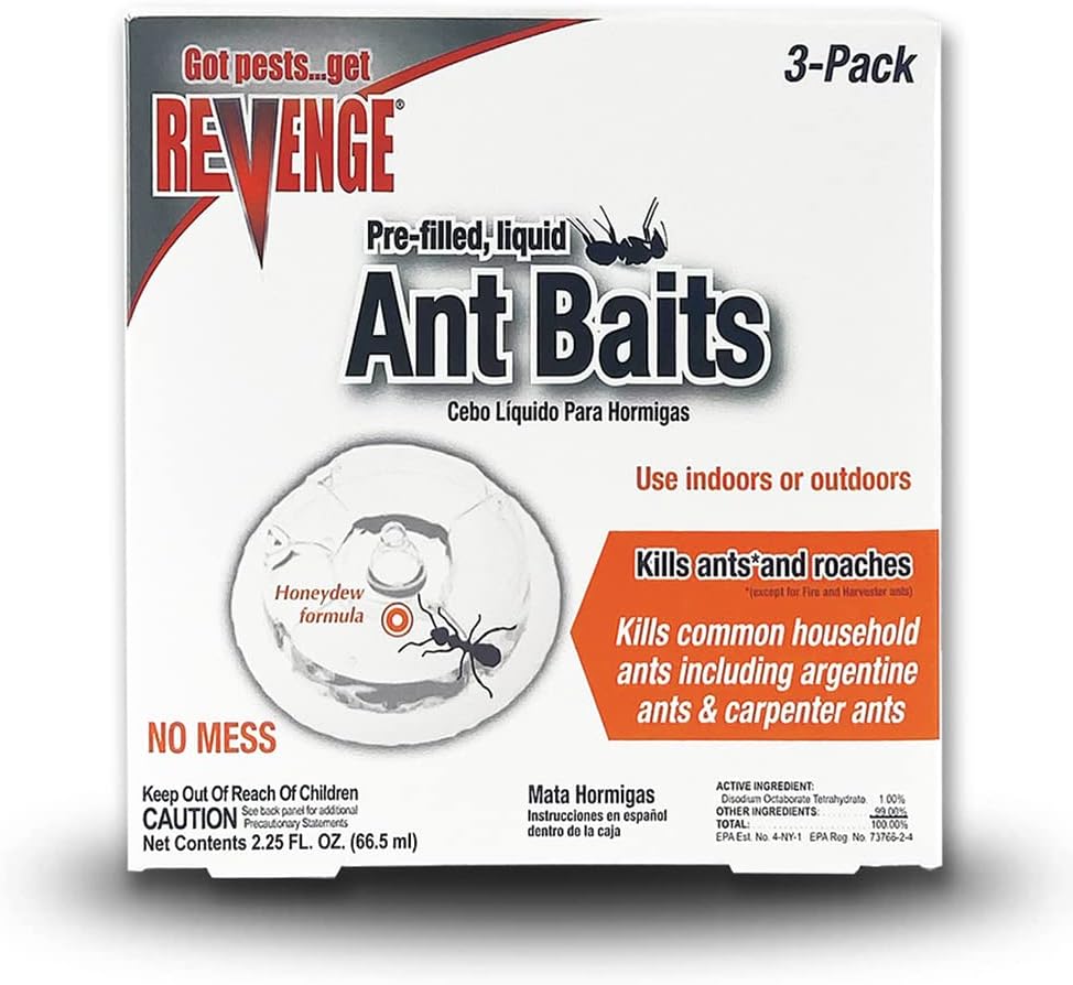 REVENGE Pack of 3 Liquid Ant Bait Stations, Ready-to-Use Indoors & Outdoors, Kills Ants & Roaches, No Mess Trap