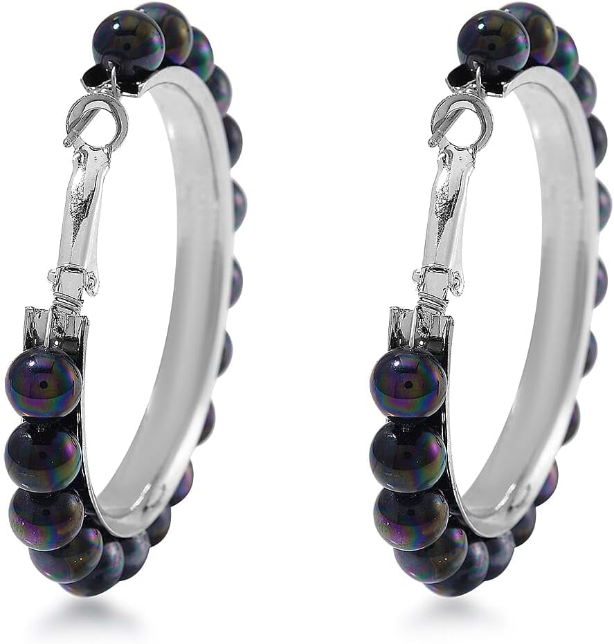 Shop LC Peacock Color Shell Pearl Hoop Earrings in Stainless Steel