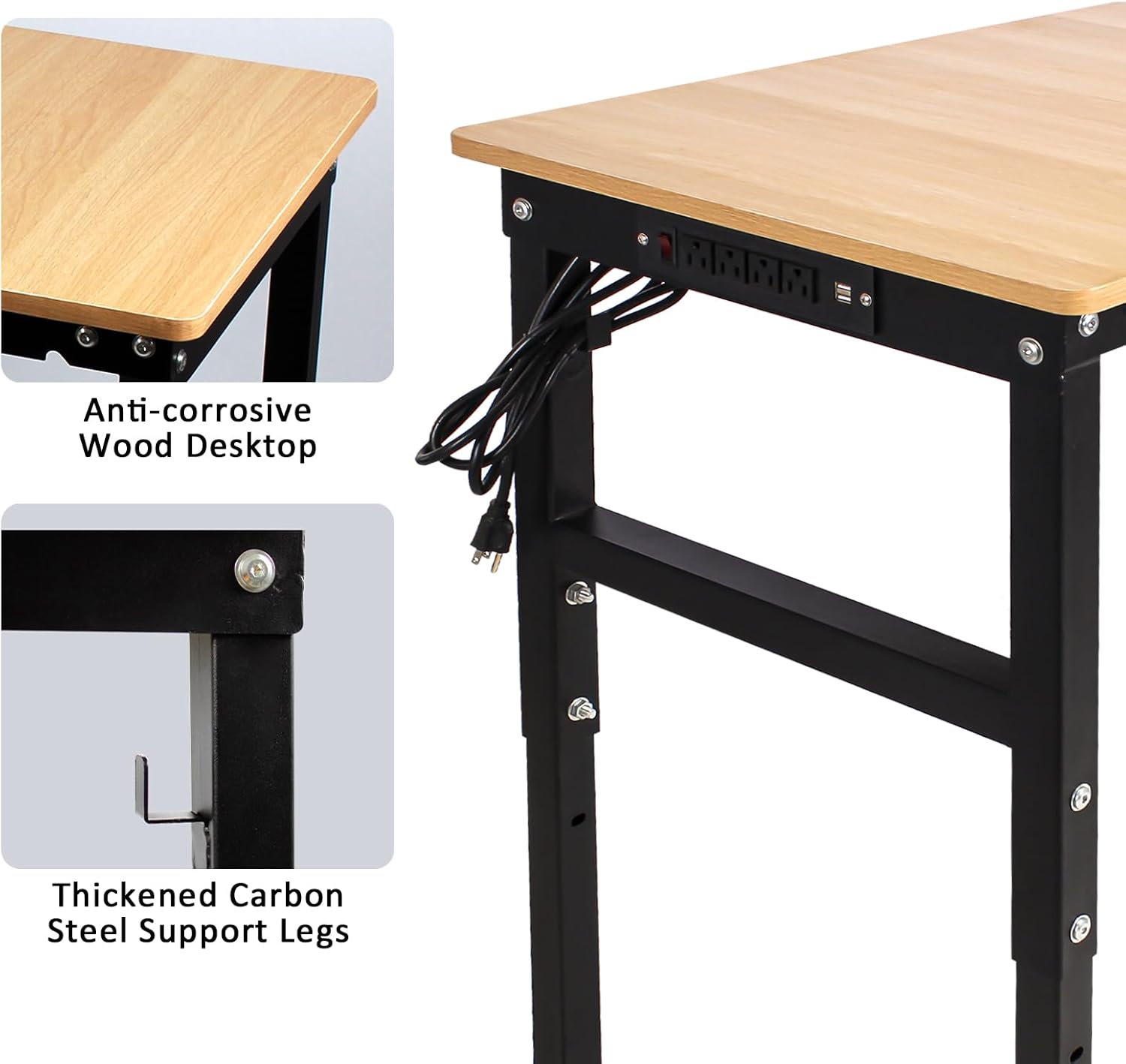48'' Adjustable Workbench with Power Outlet, Work Table for Garage, 2000 Lbs Capacity Hardwood Workbench
